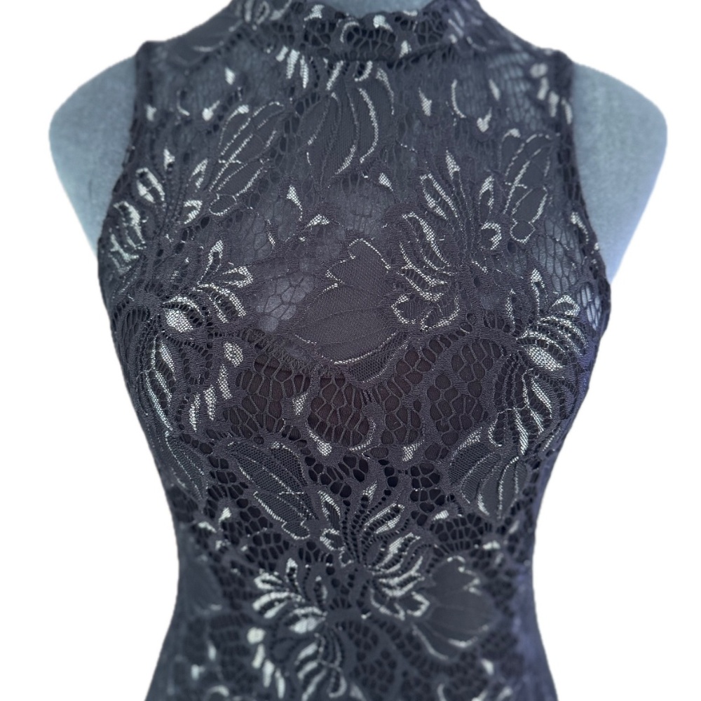 Women's Black Silver Floral Lace Mock Neck Bodysuit Open Low Back ~S~ - Picture 4 of 9